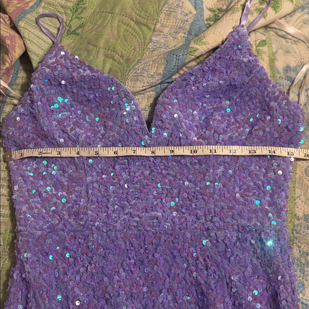 B.Smart Purple Sequin Spaghetti Strap Maxi Dress With V-Neck & Side Slit - Picture 8 of 9